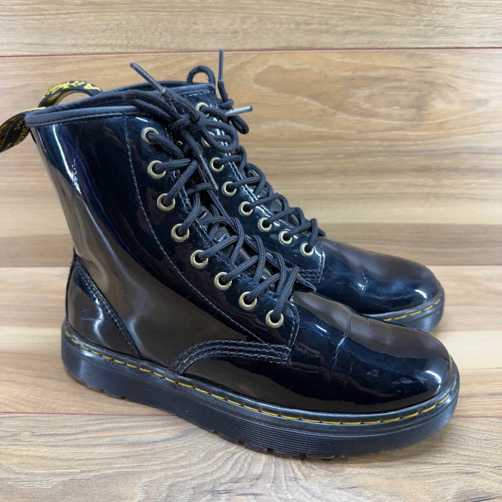 Dr Martens Womens Boots 8 Zavala Black Patent Leather Lace Up Combat